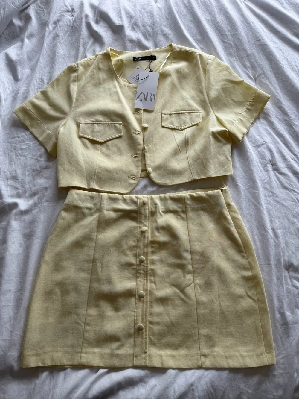 Zara Butter Yellow Linen Blend Co-Ord Set Size L NWT Button Top Mini Skirt - Picture 9 of 16